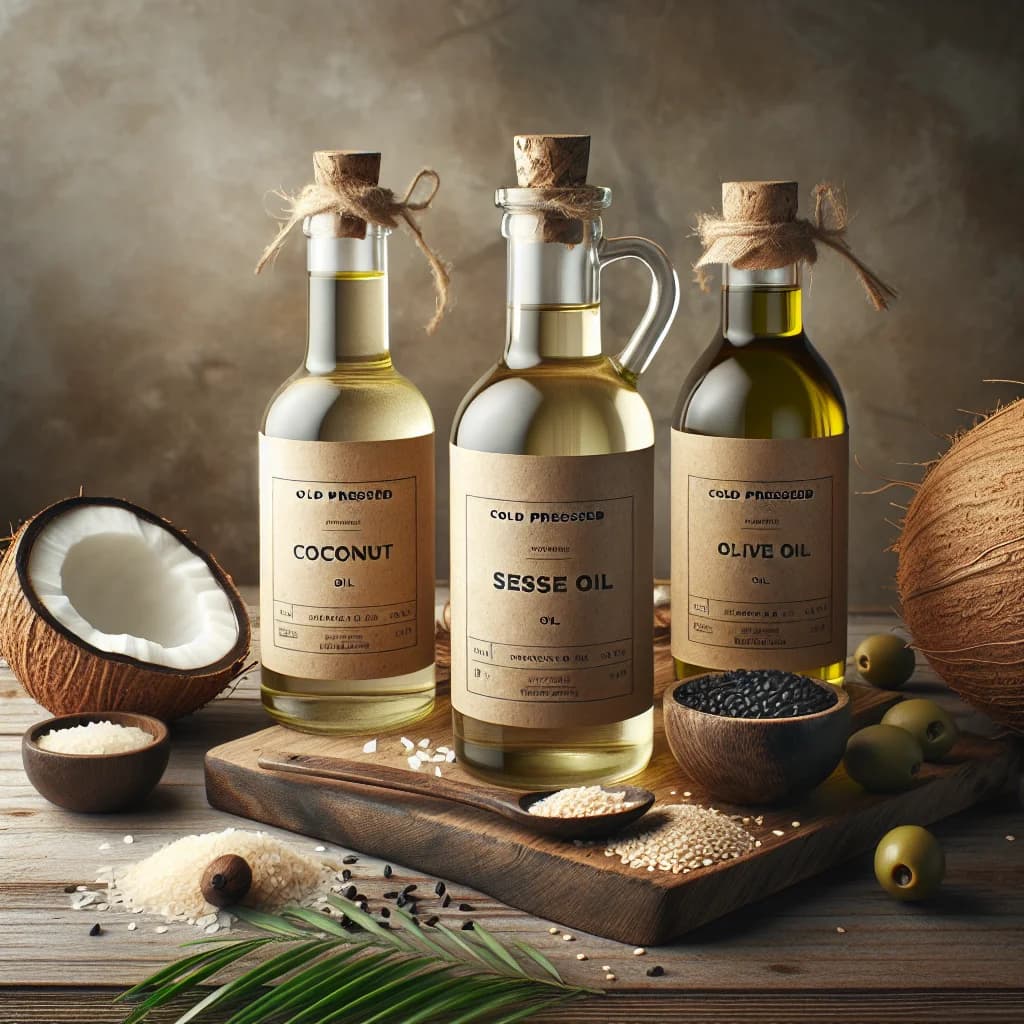cold pressed oil bottles in various sizes with clean labels and natural backgrounds