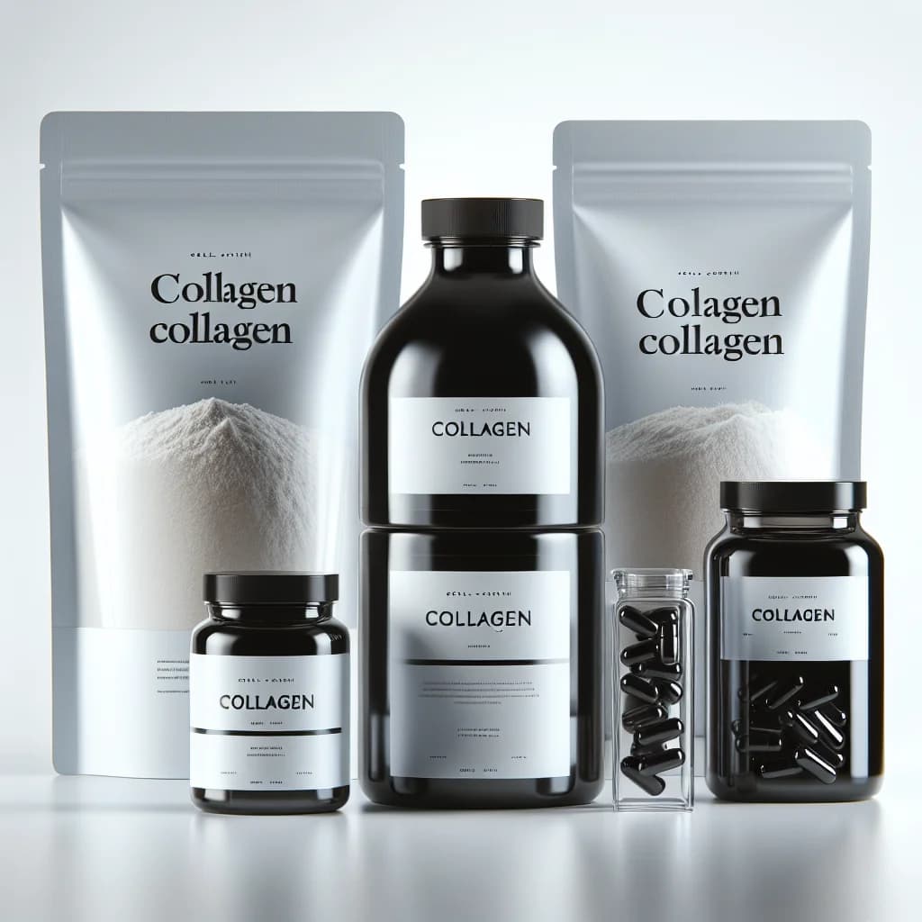 various collagen product options in modern packaging, displayed on a clean white background
