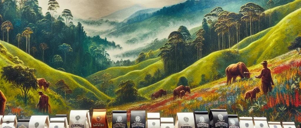 Colombian coffee beans in burlap sacks on a wooden background, showcasing variety and quality