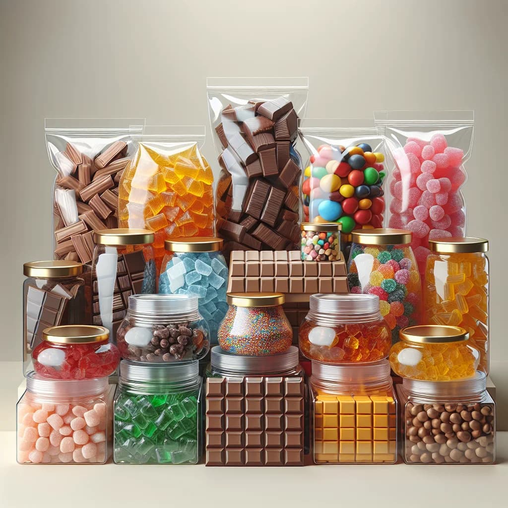colorful assortment of confectionery in bulk packaging, showcasing chocolates, gummies, and hard candies with vibrant backgrounds