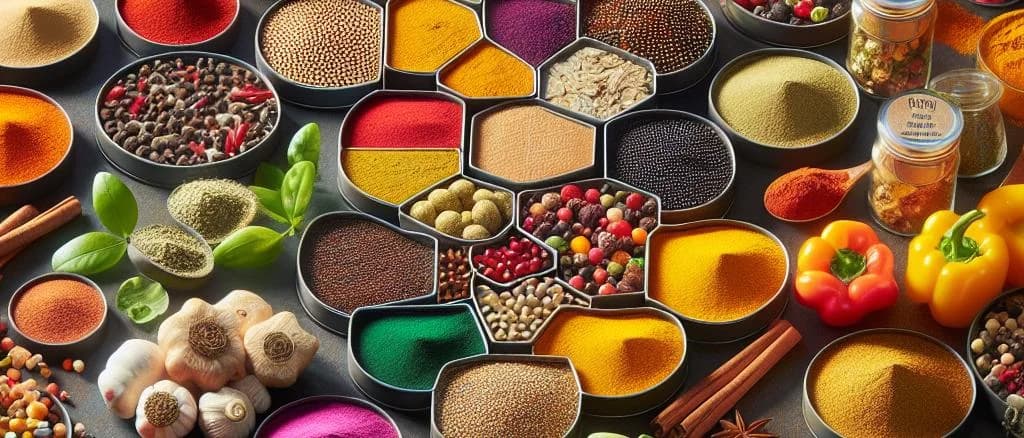 various conserved spices in glass jars on a wooden shelf