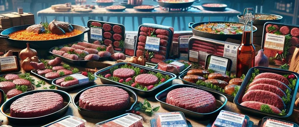 Cooked red meat selection on various plates with packaging options in a professional setting