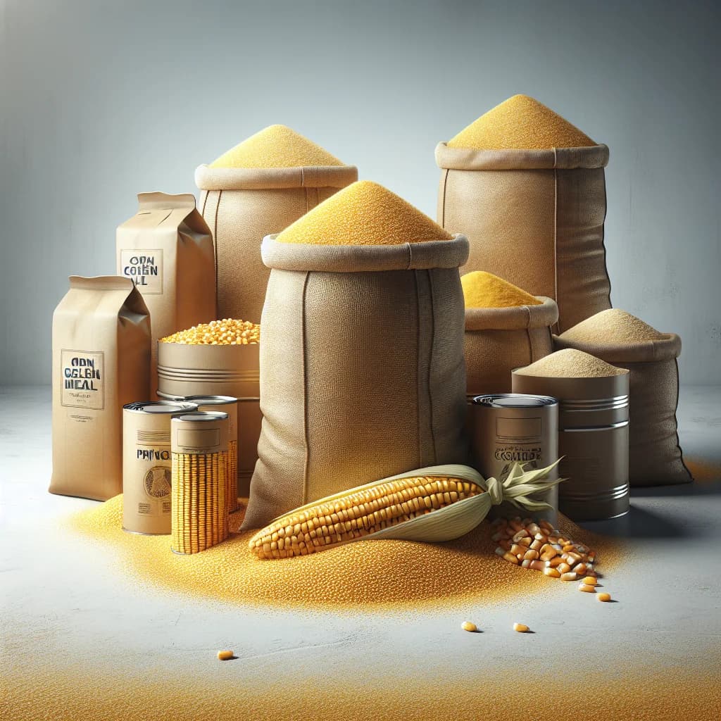 corn gluten meal packaging in bulk and wholesale formats on a neutral background