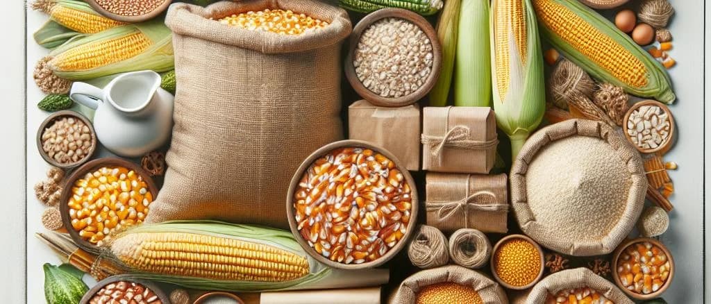 corn grain variations with sustainable packaging and natural background