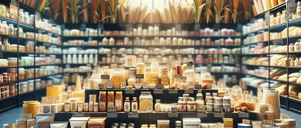 various corn starch packaging displays on wooden surface