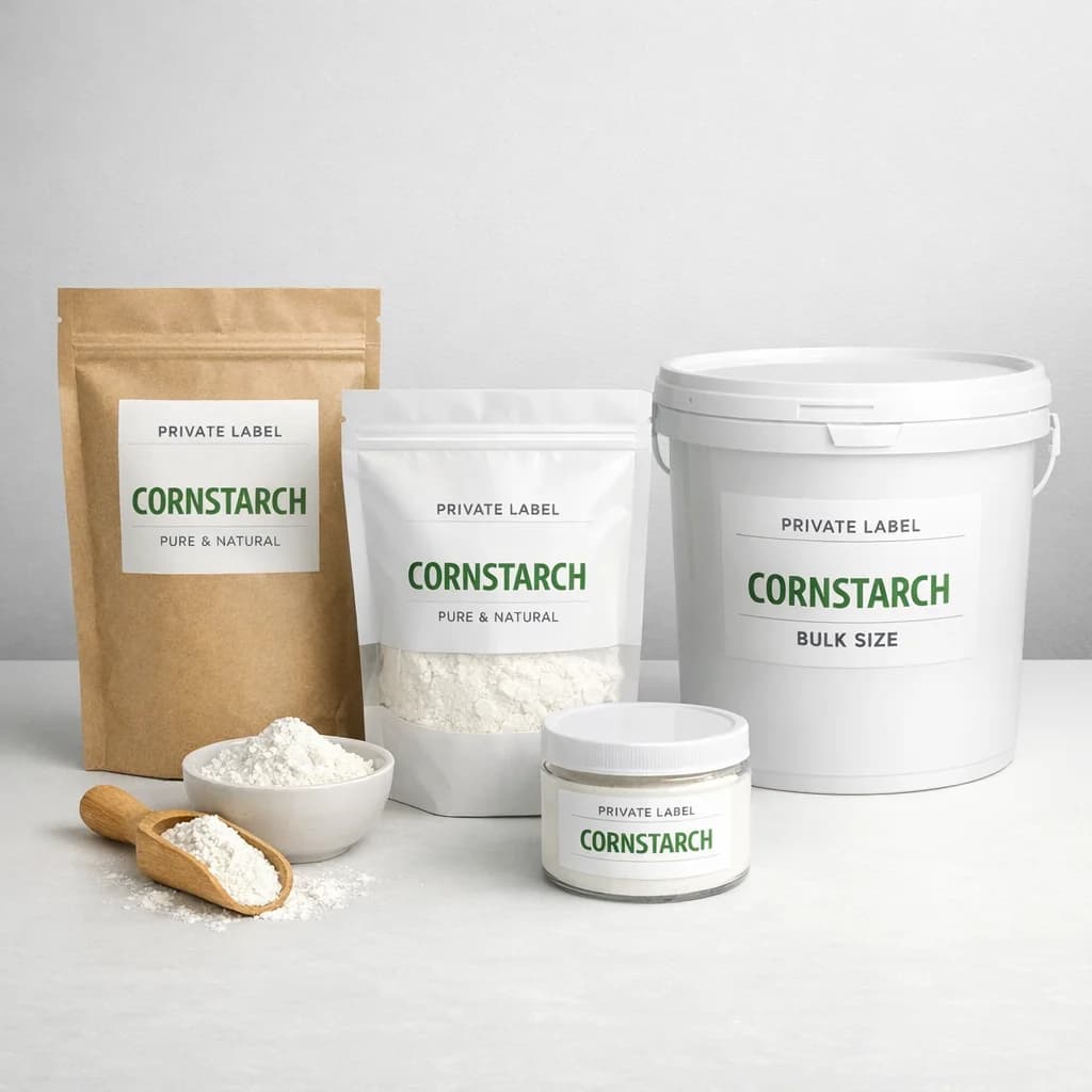 Cornstarch packaging variations displayed on a clean, professional background for B2B sourcing.