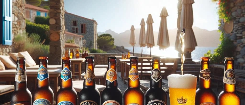 A selection of Corsican beers displayed with various packaging designs, including bottles and cans, set against a picturesque Corsican landscape