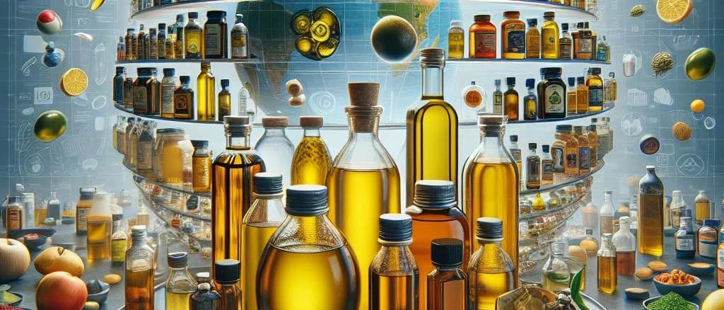 bottles of cosmetic oil on a wooden background with variations in size and color