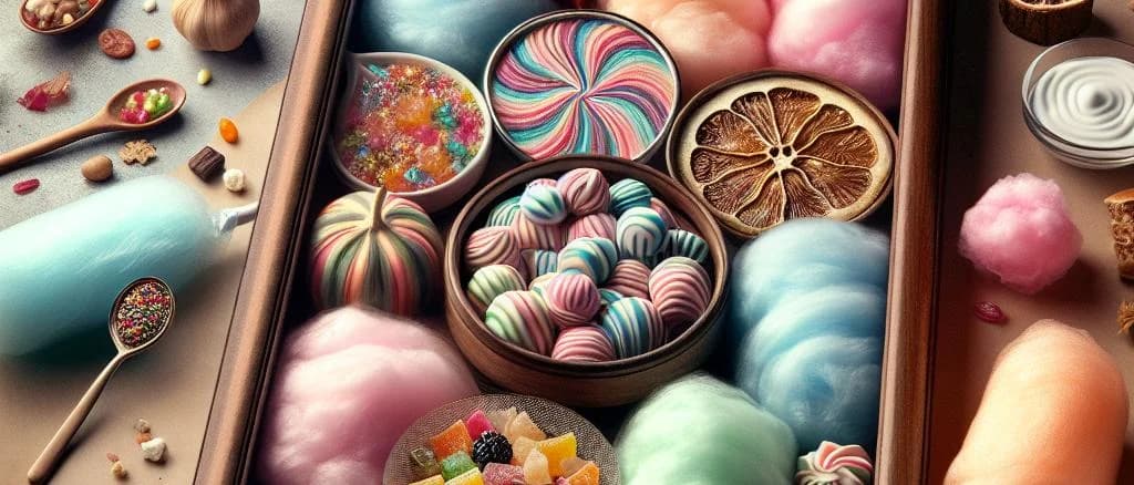 three variations of cotton candy with different colors on an abstract background