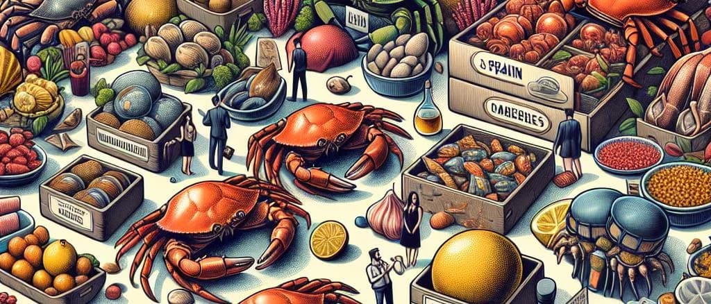 Three varieties of packaged crab with ocean-themed backgrounds