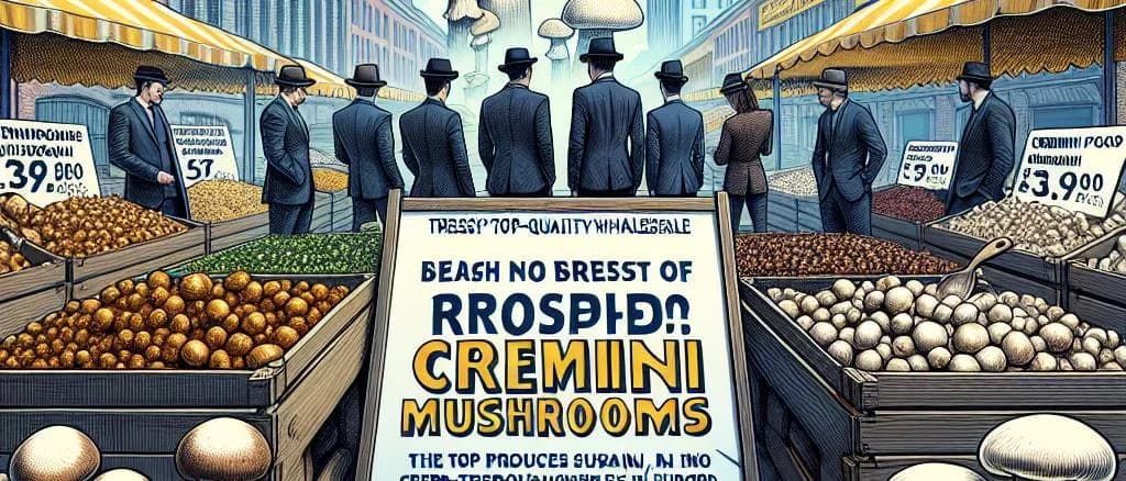 Cremini mushrooms in various packaging options against a wooden kitchen table background