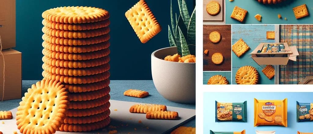 Assorted crispy biscuits with various packaging on a wooden background