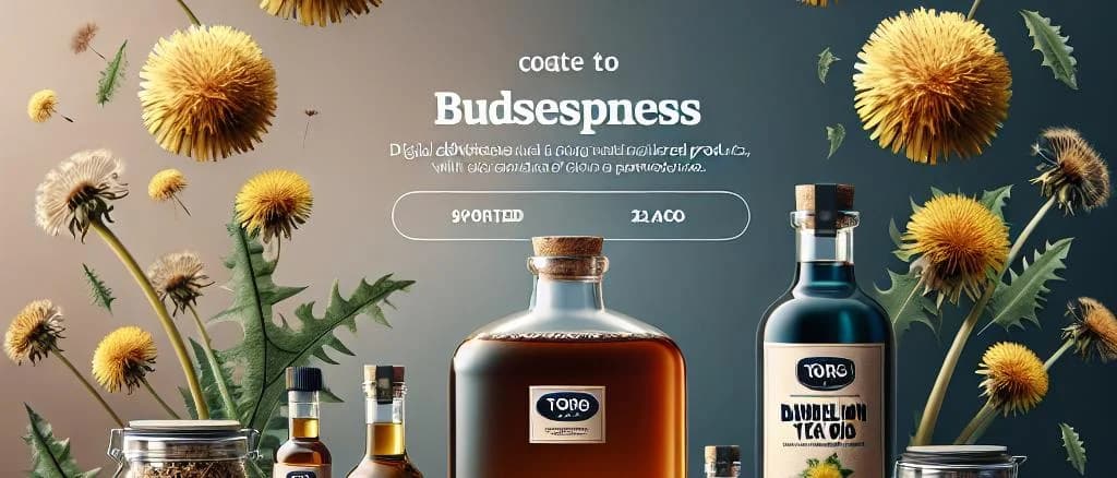 diverse dandelion products on a rustic wooden background