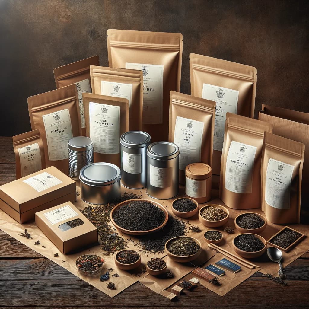 premium Darjeeling tea packaging in bulk and private label options on a natural wooden background with tea leaves