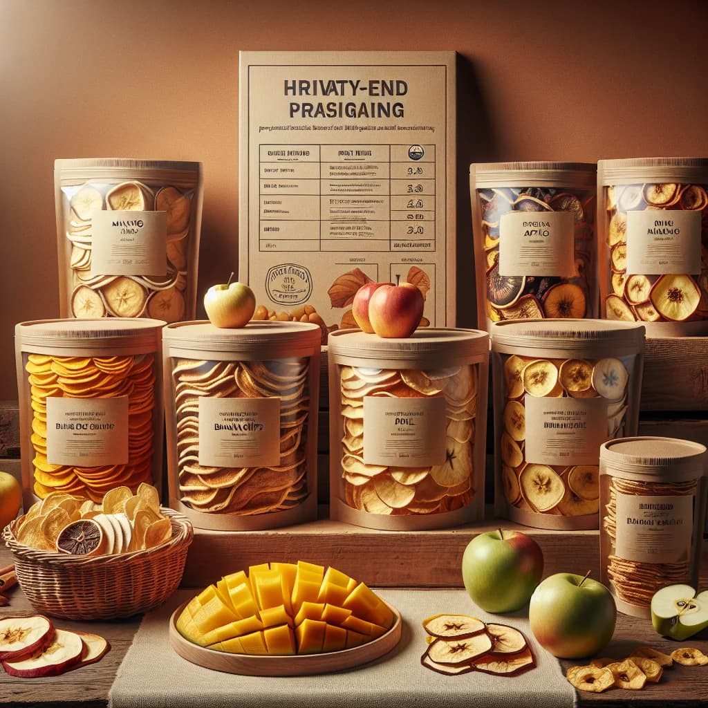 premium dehydrated fruit packaging with assorted varieties on a textured background