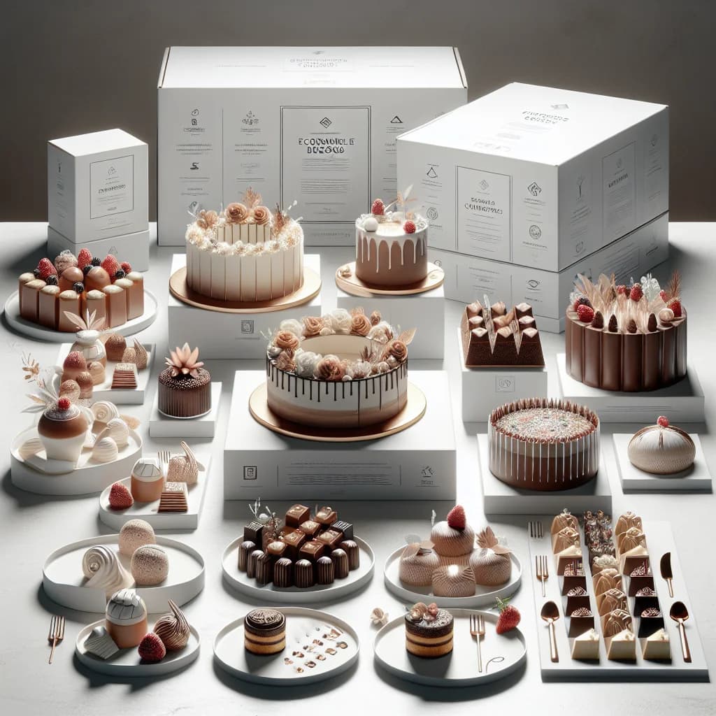 Assorted gourmet desserts with customizable packaging on a white background