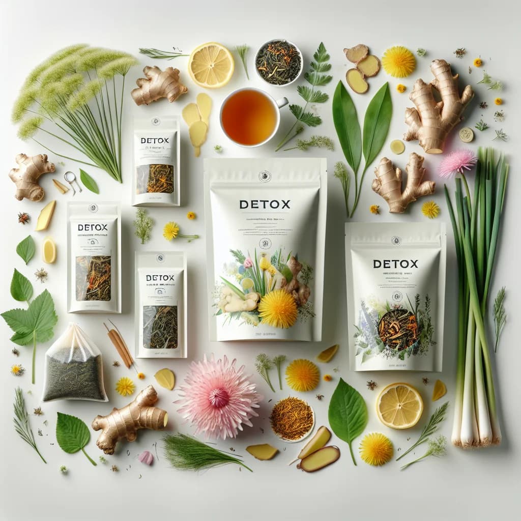 detox tea packaging with natural ingredients, variations, and clean white background