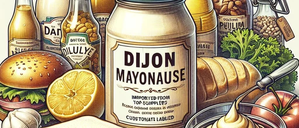 Assortment of Dijon Mayonnaises in various packaging on a marble countertop