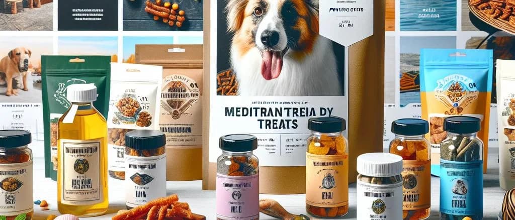 Assorted dog snacks displayed with vibrant packaging and diverse shapes