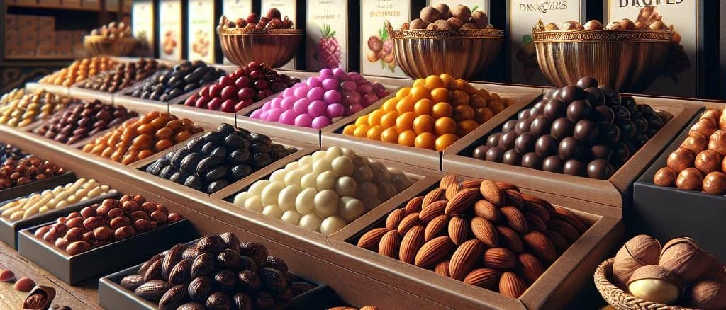 assorted Dragées, arranged with various packaging in a professional setting