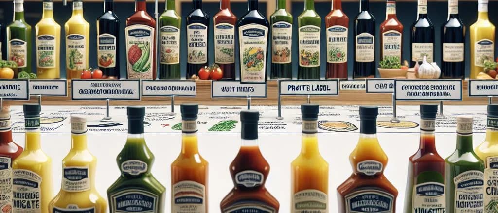 Three variations of gourmet salad dressings in glass bottles with vibrant labels on a wooden background