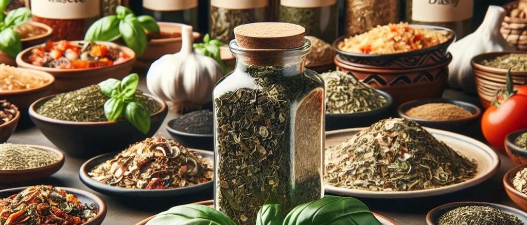 dried basil packaging varieties on rustic wooden background