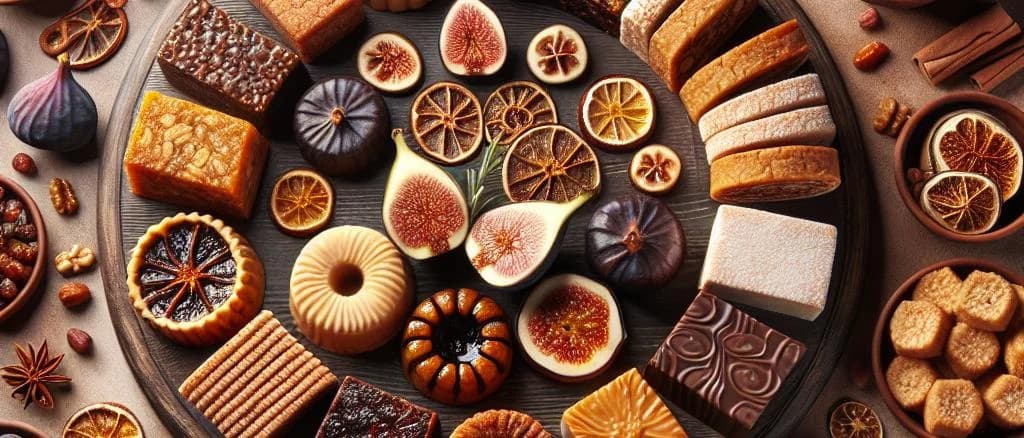 assorted dried fig cakes with various packaging on wooden table background