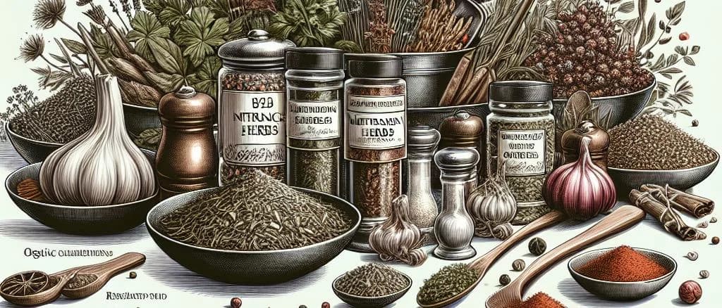 Dried herbs in various packaging on a wooden background