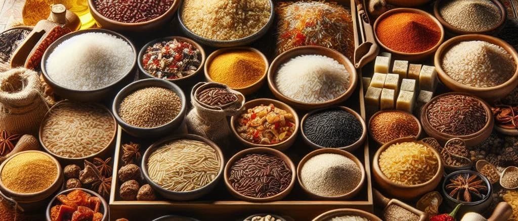 assorted dried meals in various packaging on a rustic wooden table