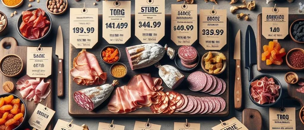 assorted dried meat varieties on wooden surface with different packaging