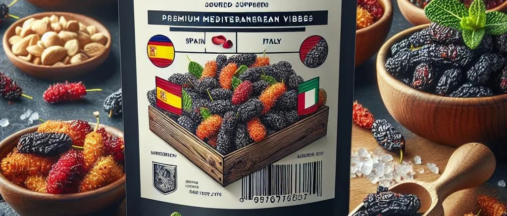 Assorted dried mulberries in various packaging and backgrounds