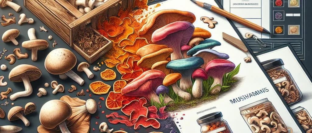 assortment of dried mushrooms with various packaging options on a natural wooden background