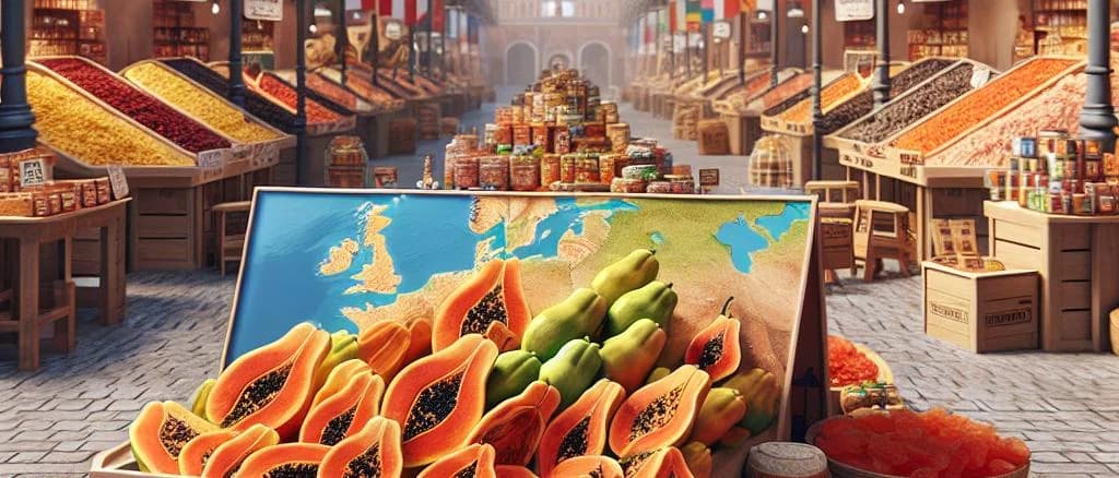 Visually appealing array of dried papaya slices in different packaging variations, against a natural, inviting background.