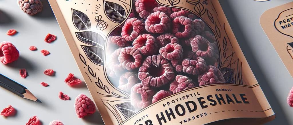 Various packaging of dried raspberries on a wooden table with a rustic background