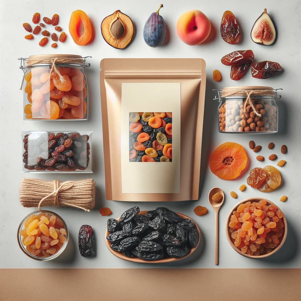 assorted dried fruit selection in sustainable packaging on a clean white background, showcasing premium bulk sourcing options