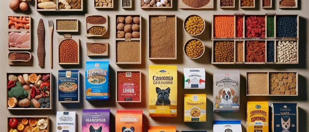 Dry dog food with various packaging options and different textures on a wooden table