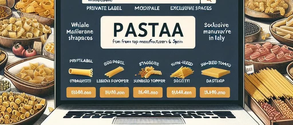 Dry pasta varieties on a rustic wooden table with packaging options