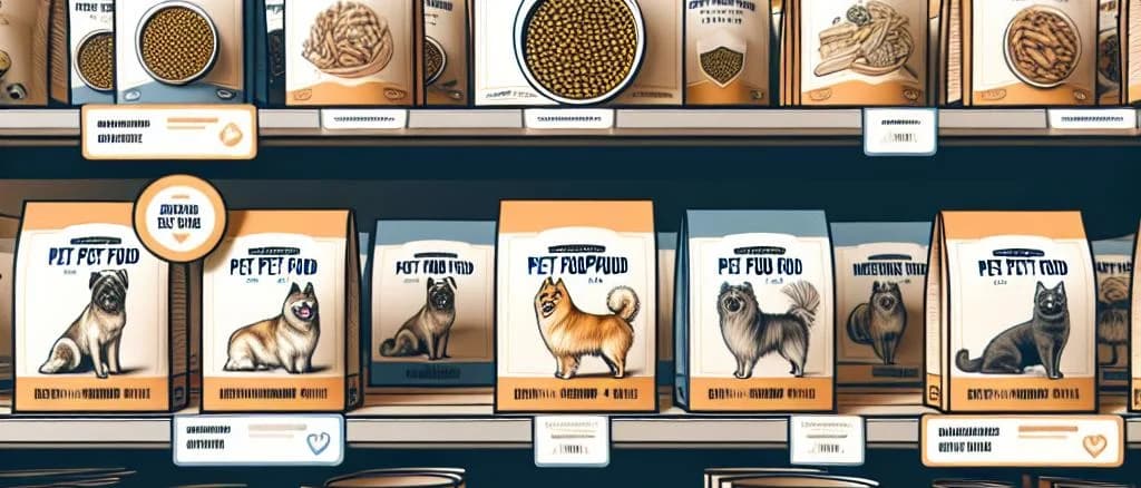 assortment of dry pet food on a wooden table with bags and bowls