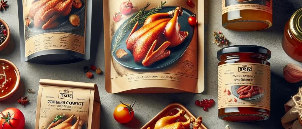 Assorted duck confit dishes with elegant packaging on a rustic background