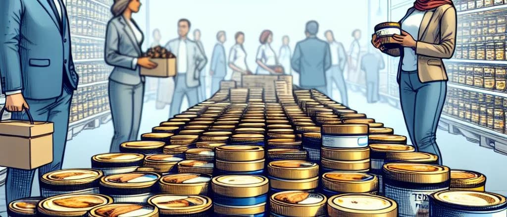 Assorted duck fat products with varied packaging on a rustic wooden table