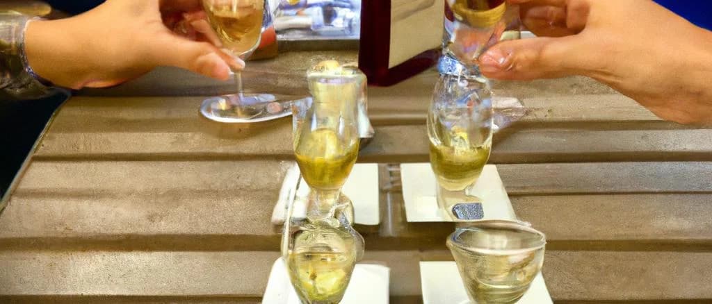 Various bottles of Eaux De Vie with diverse fruit varieties on wooden background