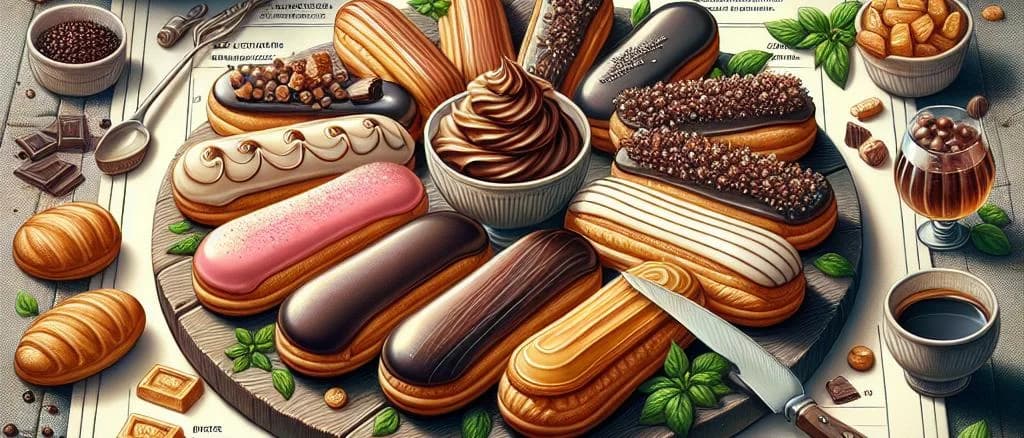 Assorted eclairs with various fillings and toppings on a display table