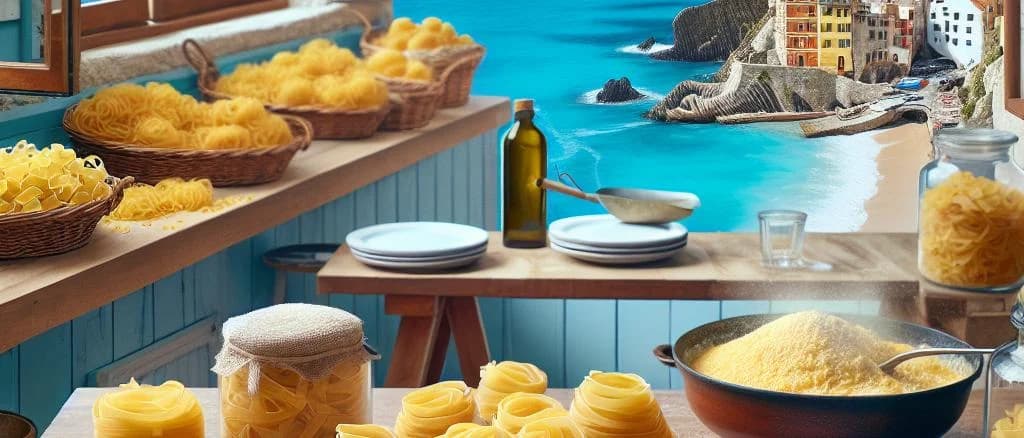 Various types of packaged egg tagliatelle against a neutral background