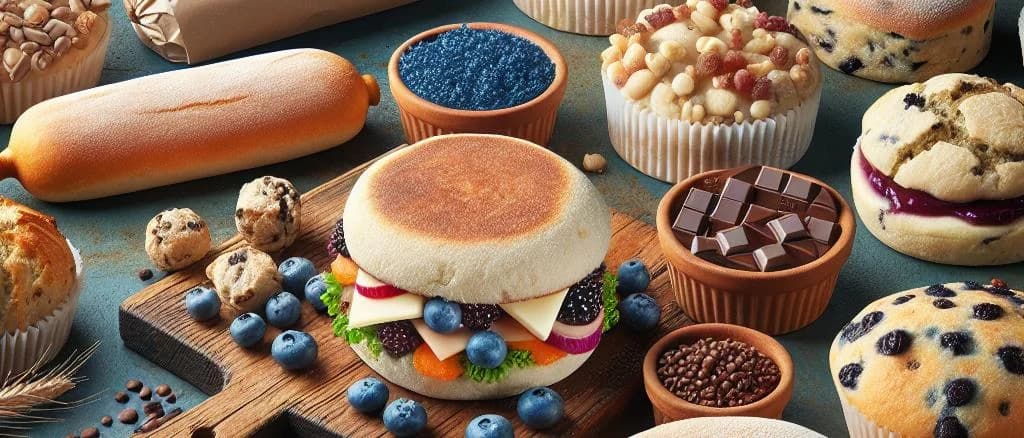 assortment of fresh English muffins with various packaging options on a wooden table