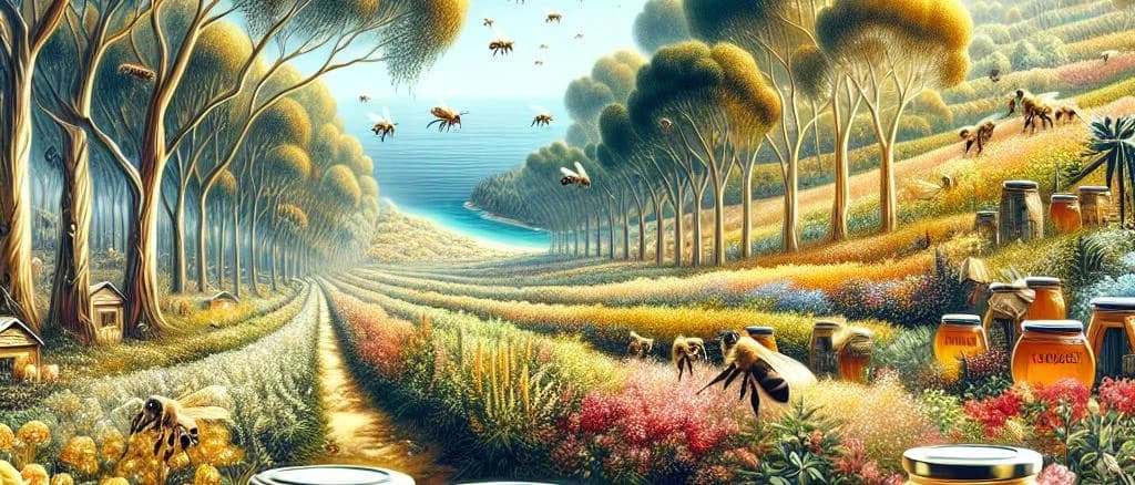 variety of eucalyptus honeys in different packaging with nature-inspired backgrounds