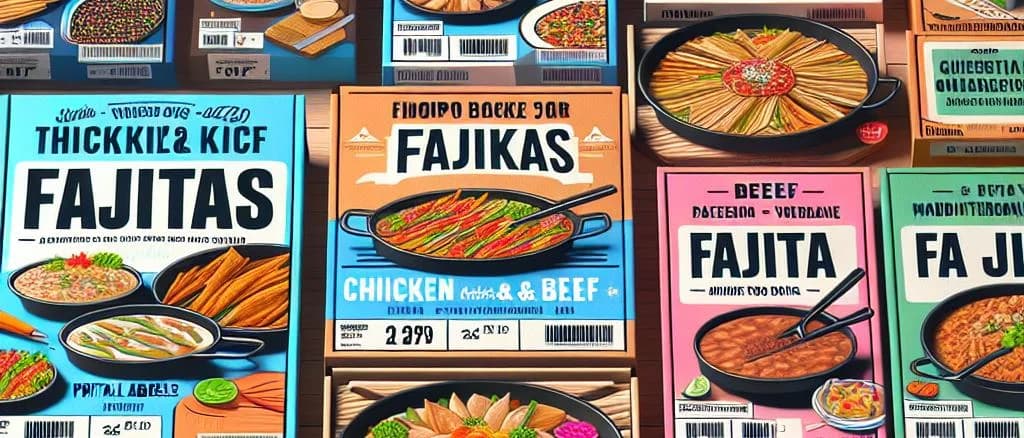 Assorted Fajitas Kits with tortillas, seasoning, and vegetables on a rustic background