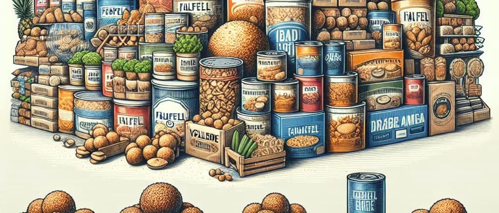 Assorted falafel varieties with different packaging on a wooden table