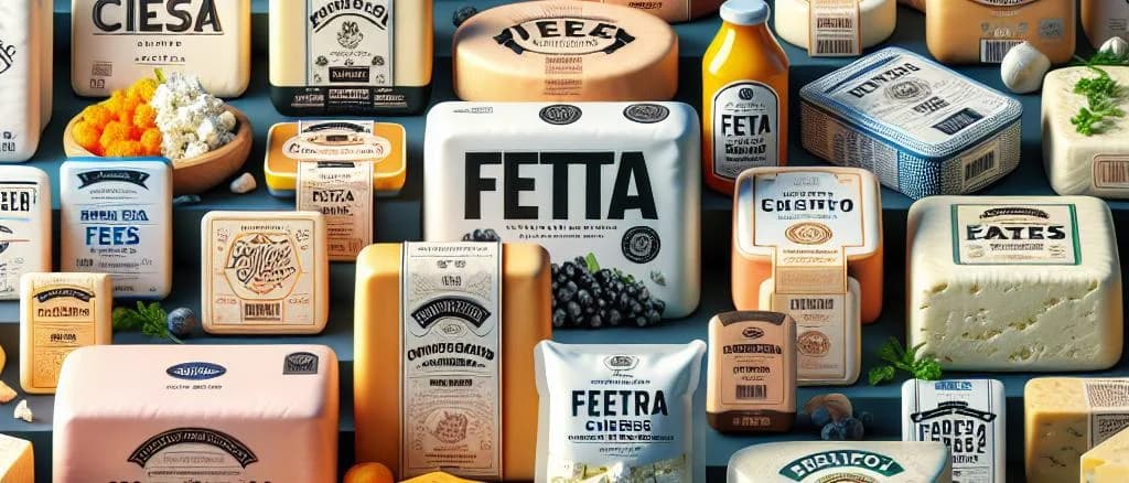assorted feta-type cheeses on rustic wooden board, different packaging styles