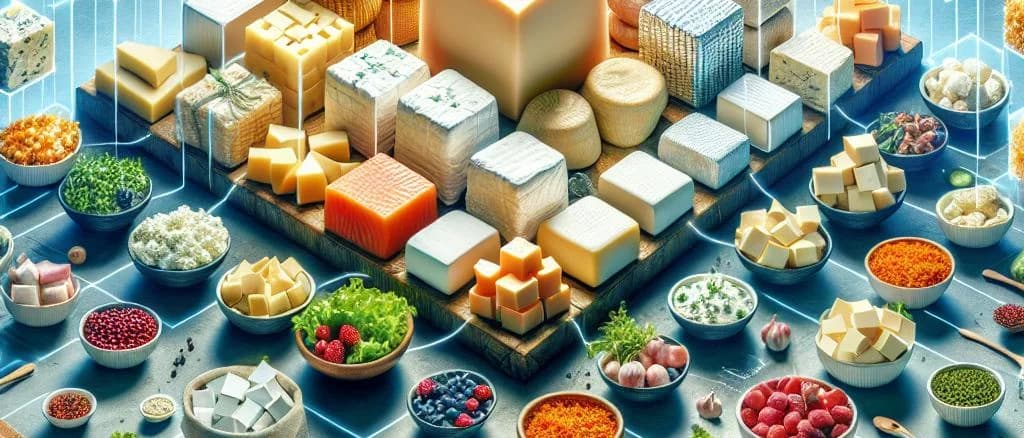 Feta Cubes in various packaging with fresh herbs and olives on a rustic wooden background.