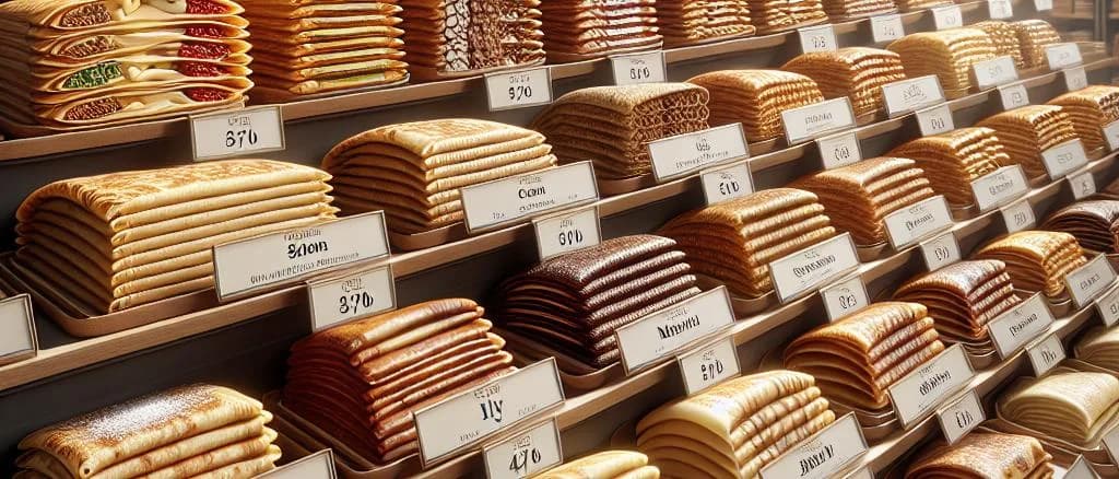 Delicious filled crêpes with various toppings on a wooden table